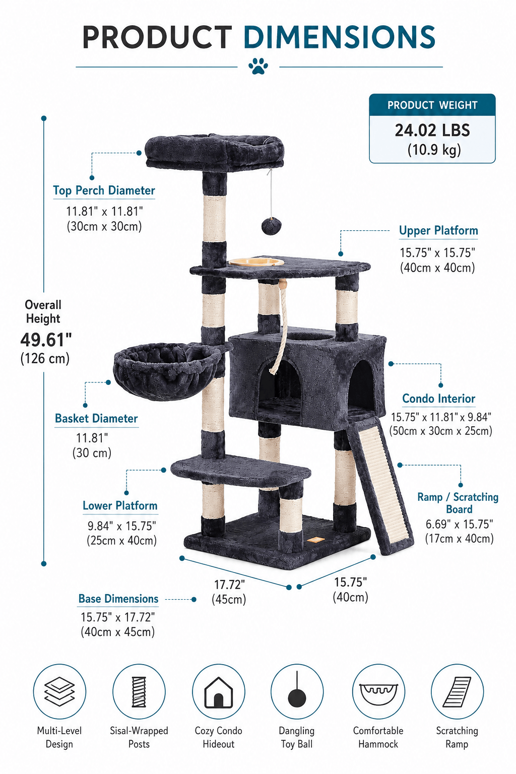 50" Multi-Level Cat Tree & Scratching Tower - Markif Pet Shop