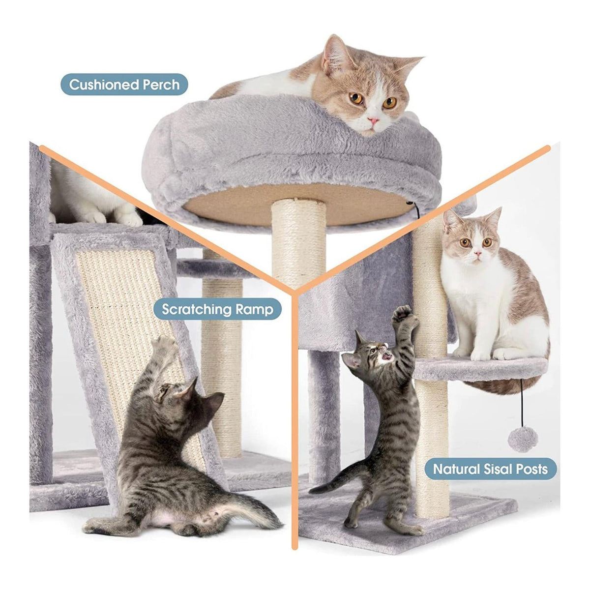 59" Multi-Level Cat Tree & Scratching Tower - shown with cats on perch and ramp