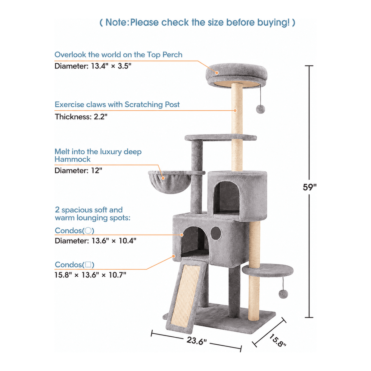 59" Multi-Level Cat Tree & Scratching Tower - size chart with dimensions