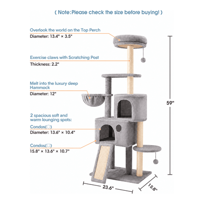 59" Multi-Level Cat Tree & Scratching Tower - size chart with dimensions