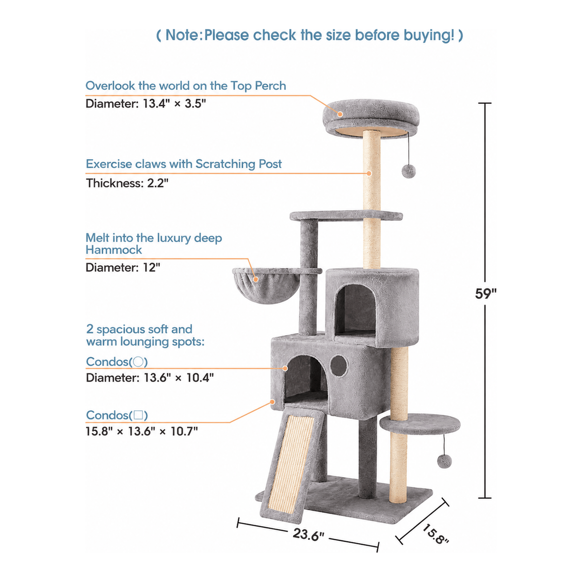 59" Multi-Level Cat Tree & Scratching Tower