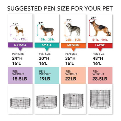 8-Panel Foldable Metal Dog Playpen - size chart