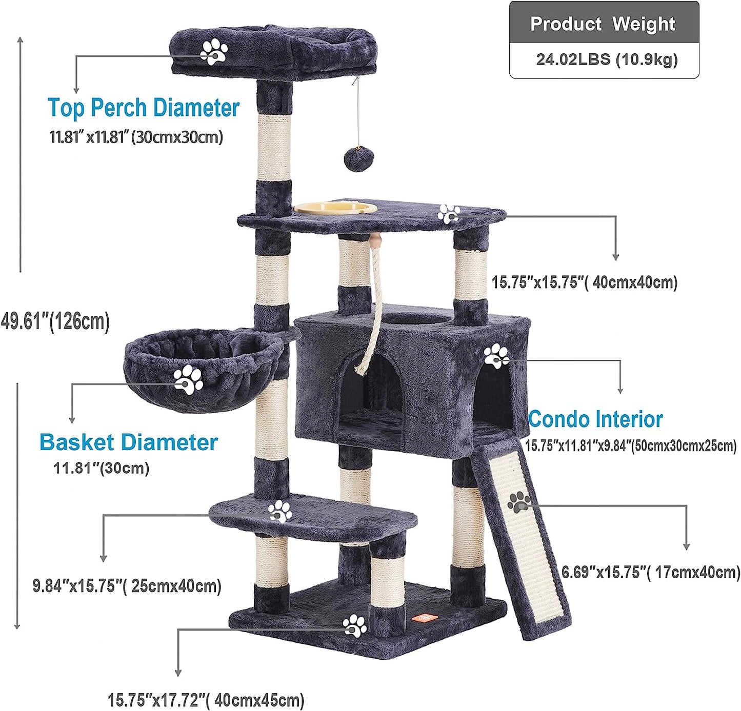 Multi-Level Cat Tree with Condos, Scratching Posts and Hanging Toys