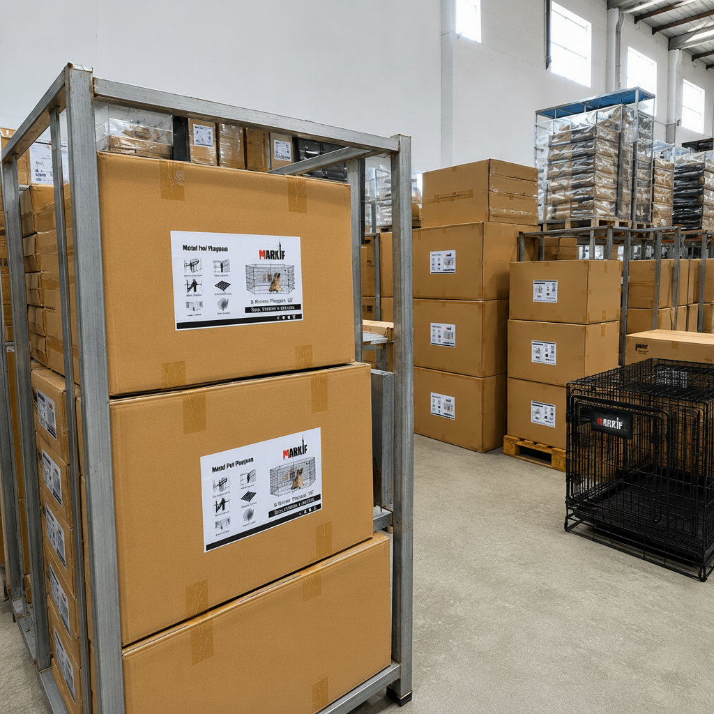 Boxed Markif Pet Shop orders stacked on racks in the warehouse