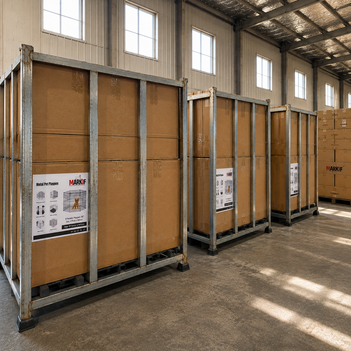 Pallet cages of boxed stock ready to ship