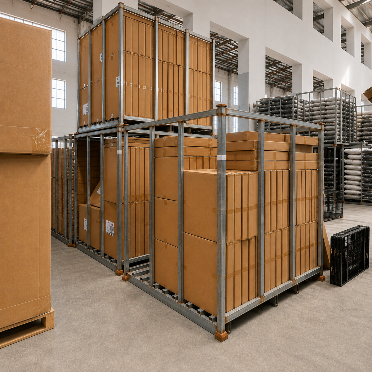 Racks of boxed stock in the warehouse